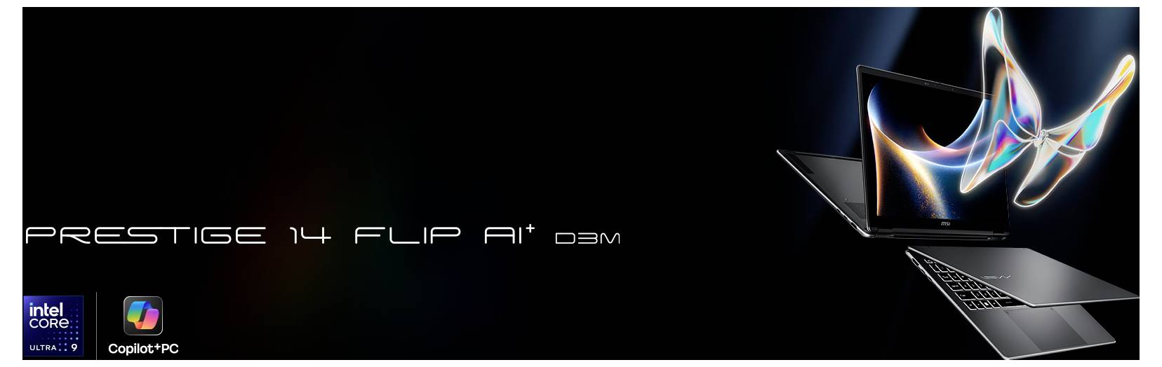 Laptop mit lebendigen Lichtspuren auf dem Bildschirm, beschriftet mit „Prestige 14 Flip AI D3M", das elegantes Design auf schwarzem Hintergrund zeigt.