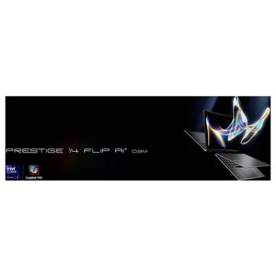 Laptop mit lebendigen Lichtspuren auf dem Bildschirm, beschriftet mit „Prestige 14 Flip AI D3M", das elegantes Design auf schwarzem Hintergrund zeigt.