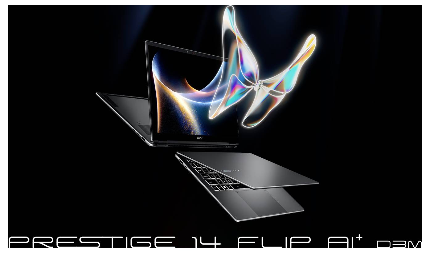 Ein schlanker schwarzer Laptop, der halb zusammengeklappt in der Luft schwebt, mit einer farbenfrohen, abstrakten Schmetterlingsform in seiner Nähe, und dem Text: PRESTIGE 14 FLIP A14.