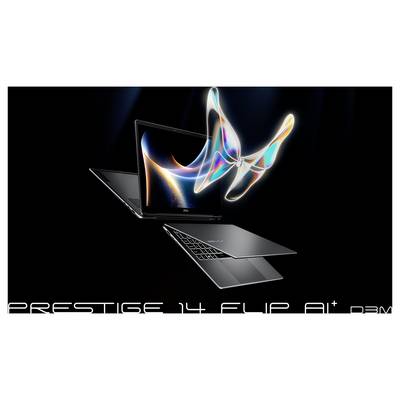 Ein schlanker schwarzer Laptop, der halb zusammengeklappt in der Luft schwebt, mit einer farbenfrohen, abstrakten Schmetterlingsform in seiner Nähe, und dem Text: PRESTIGE 14 FLIP A14.