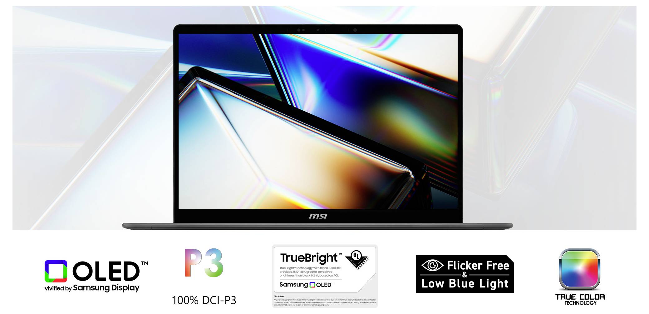 Ein Laptop mit farbenfrohen Grafiken auf dem Bildschirm. Darunter heben Logos Funktionen hervor: OLED Samsung Display, P3, TrueBright, Flicker Free, Low Blue Light, True Color Technology.