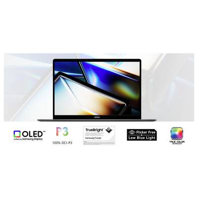 Ein Laptop mit farbenfrohen Grafiken auf dem Bildschirm. Darunter heben Logos Funktionen hervor: OLED Samsung Display, P3, TrueBright, Flicker Free, Low Blue Light, True Color Technology.