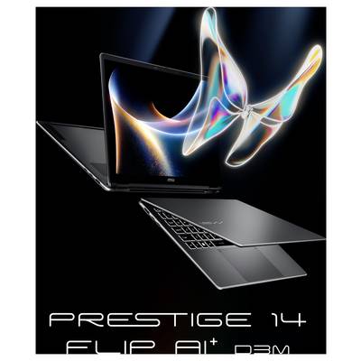 Ein Laptop mit einem farbenfrohen Schmetterlings-Hologramm wird auf dem Bildschirm angezeigt. Der Text lautet „Prestige 14 Flip A1+ P3M."