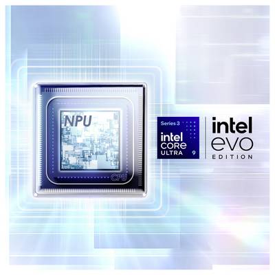 Bild eines Intel Evo Edition Prozessors mit der neuen NPU-Technologie für erweiterte Rechenleistung. Der Hintergrund hat ein High-Tech-Design.