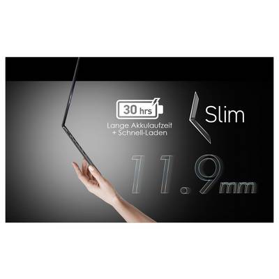 Eine Hand hält einen dünnen Laptop in Seiten- und Rückansicht. Der Text lautet „30 Stunden", „Lange Akkulaufzeit + Schnell-Laden" und „Slim 11,9 mm".