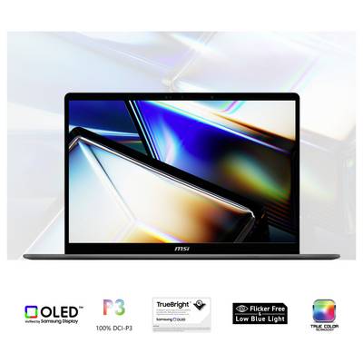 Ein Laptop mit einem lebendigen, farbenfrohen Bildschirm wird gezeigt. Logos darunter zeigen OLED-Display, 100% DCI-P3, True Bright, flimmerfrei und blaulicharm.