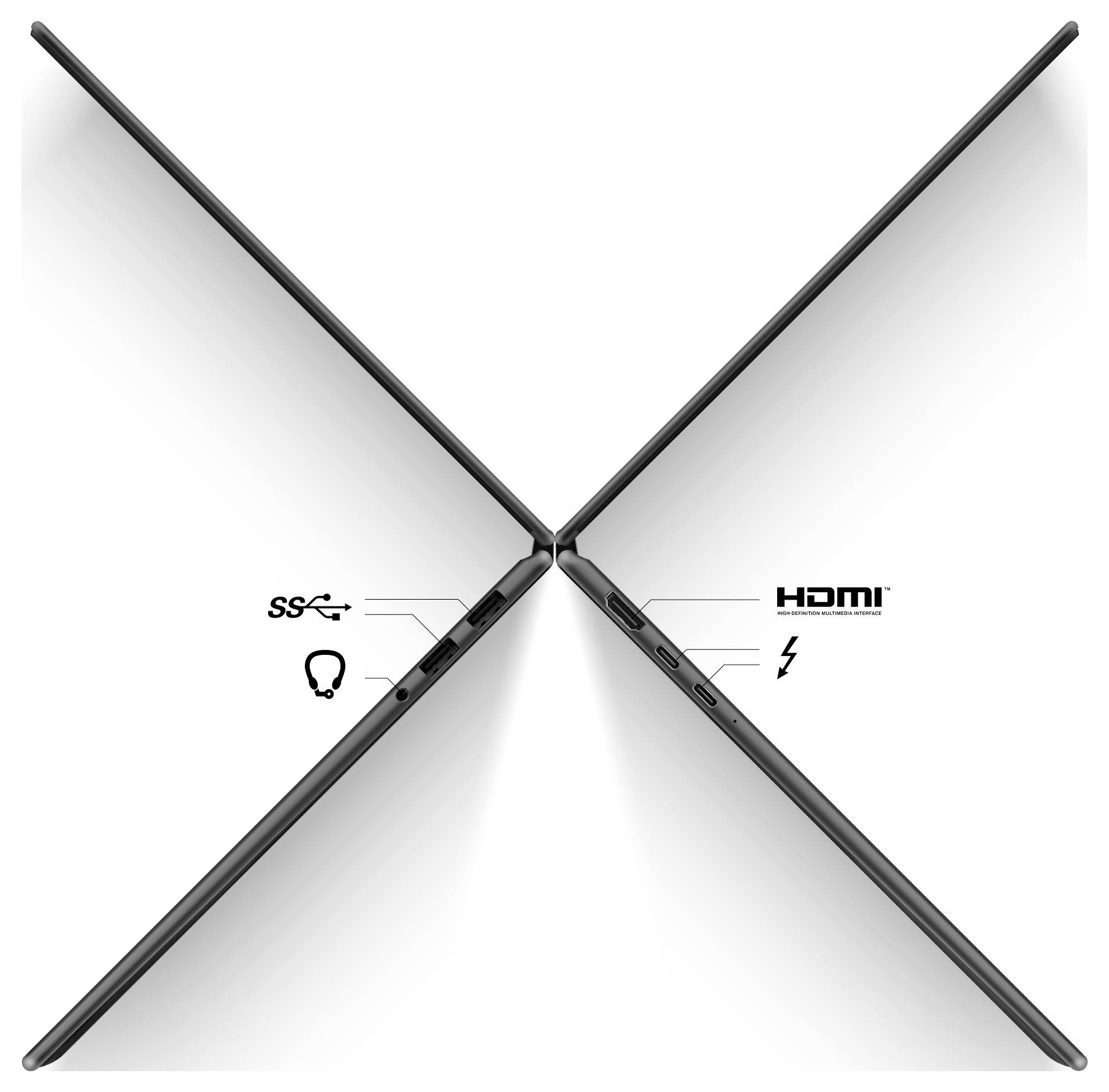 Zwei Laptops stehen sich in einem Winkel gegenüber und zeigen Anschlüsse an den Seiten, einschließlich USB, HDMI und Thunderbolt, mit entsprechenden Symbolen.