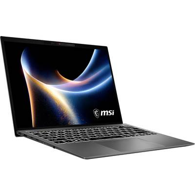 Ein eleganter MSI-Laptop mit einem lebendigen Display, auf dem ein abstraktes blaues und orangefarbenes Muster wirbelt.