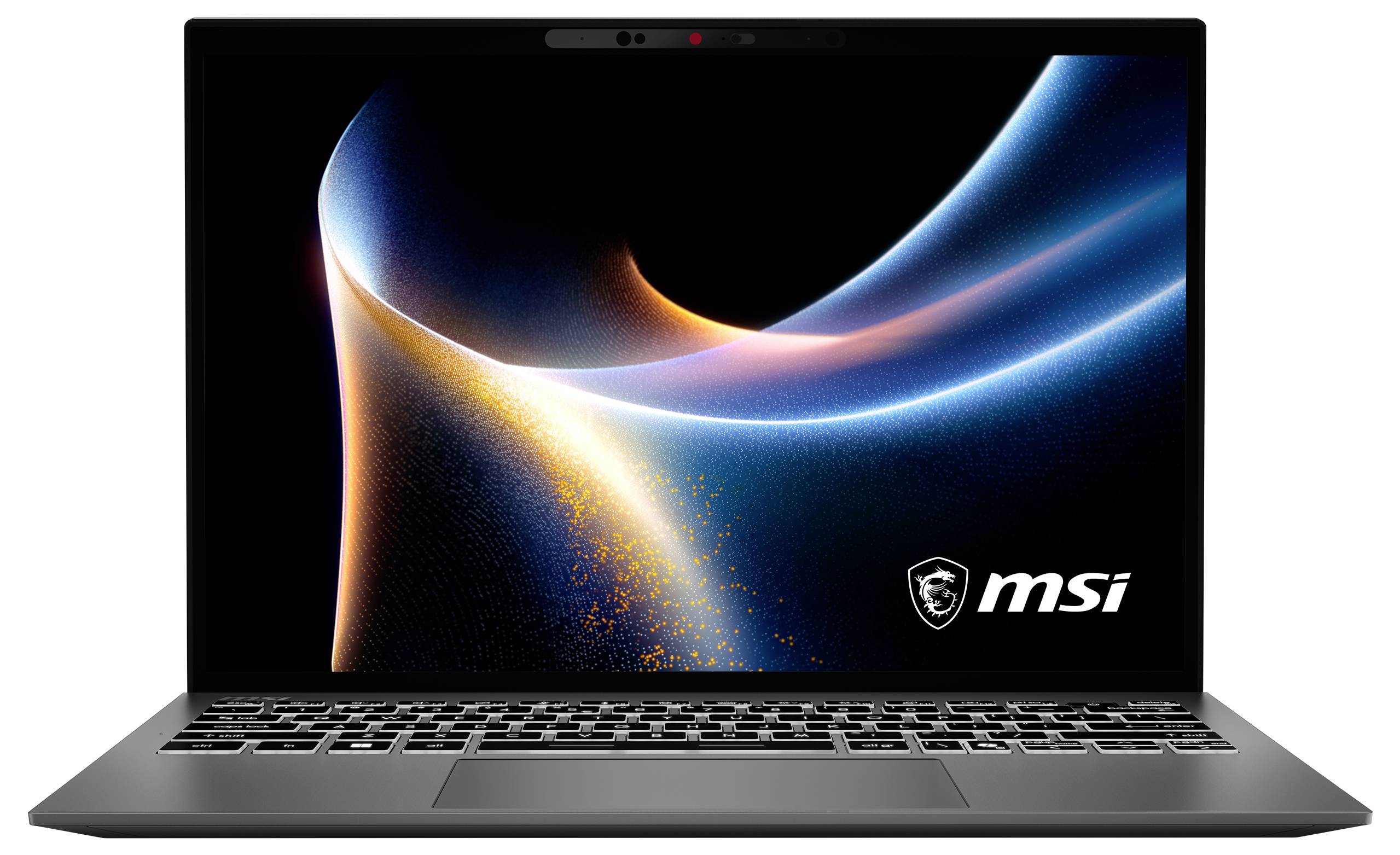 Ein Laptop, der auf dem Bildschirm ein wirbelndes abstraktes Lichtmuster anzeigt, mit dem „MSI"-Logo in der unteren Ecke.