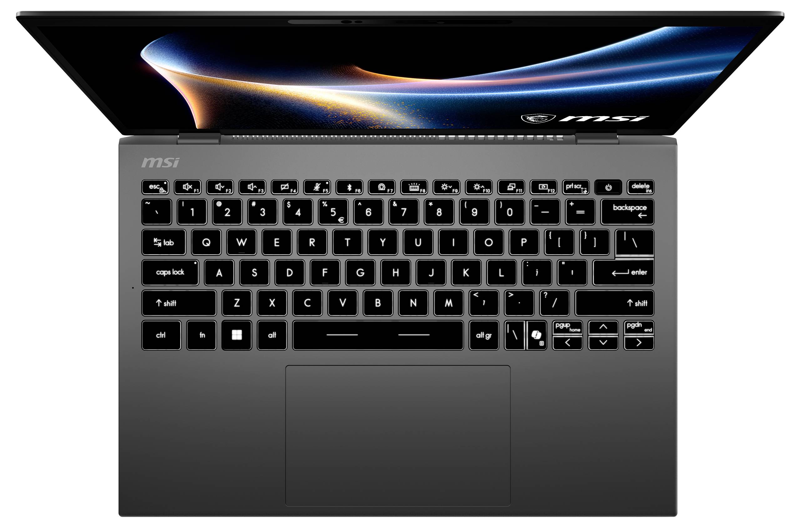 Ein eleganter schwarzer Laptop mit geöffnetem Deckel, beleuchtetem Tastaturfeld und lebendigem Display, das ein farbenfrohes abstraktes Design zeigt. Das Markenlogo ist sichtbar.
