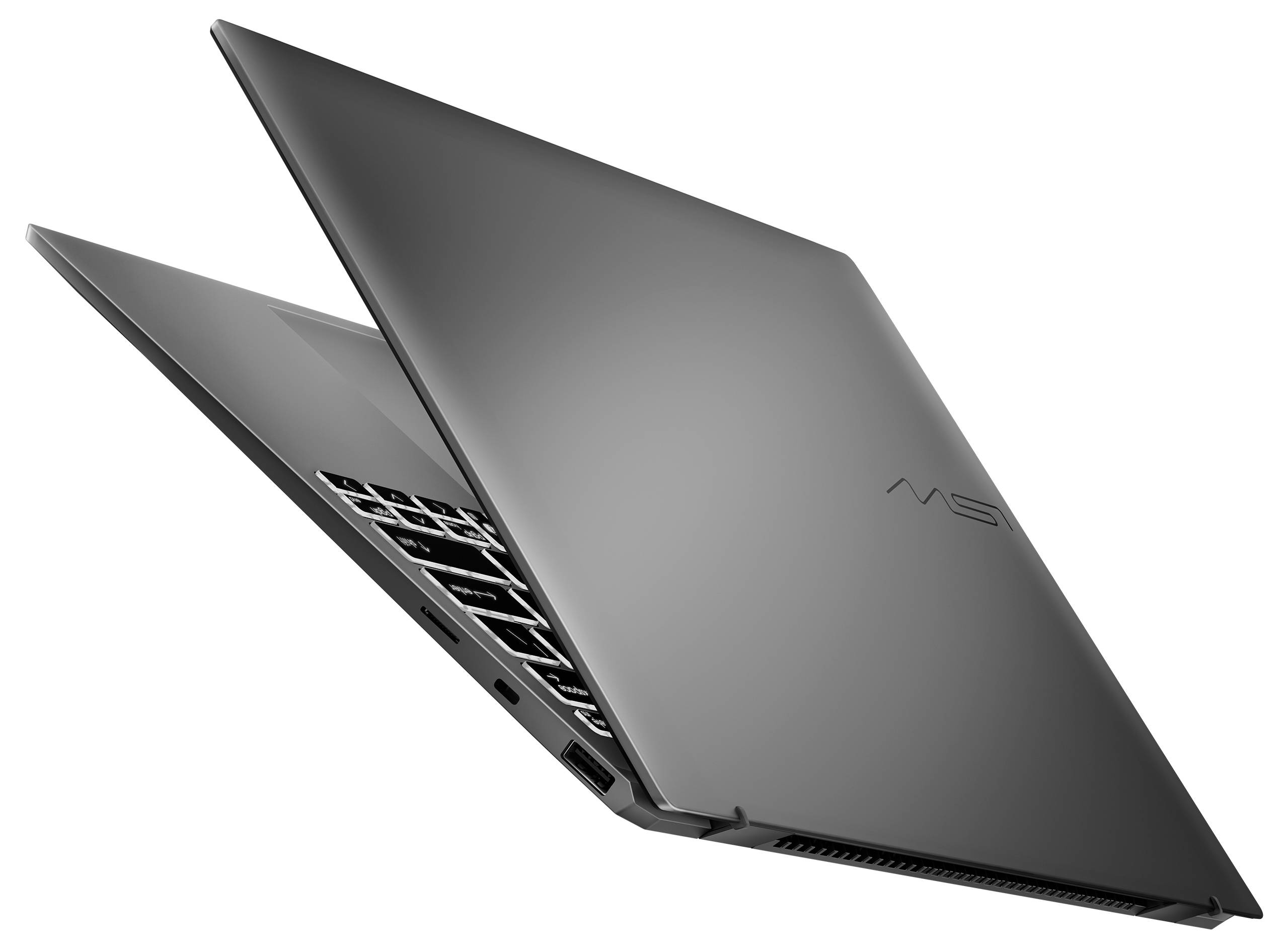 Ein schlanker, aufgeklappter Laptop mit matter Oberfläche, dessen Tastatur und seitliche Anschlüsse sichtbar sind, leicht aus der Perspektive des Betrachters angewinkelt.