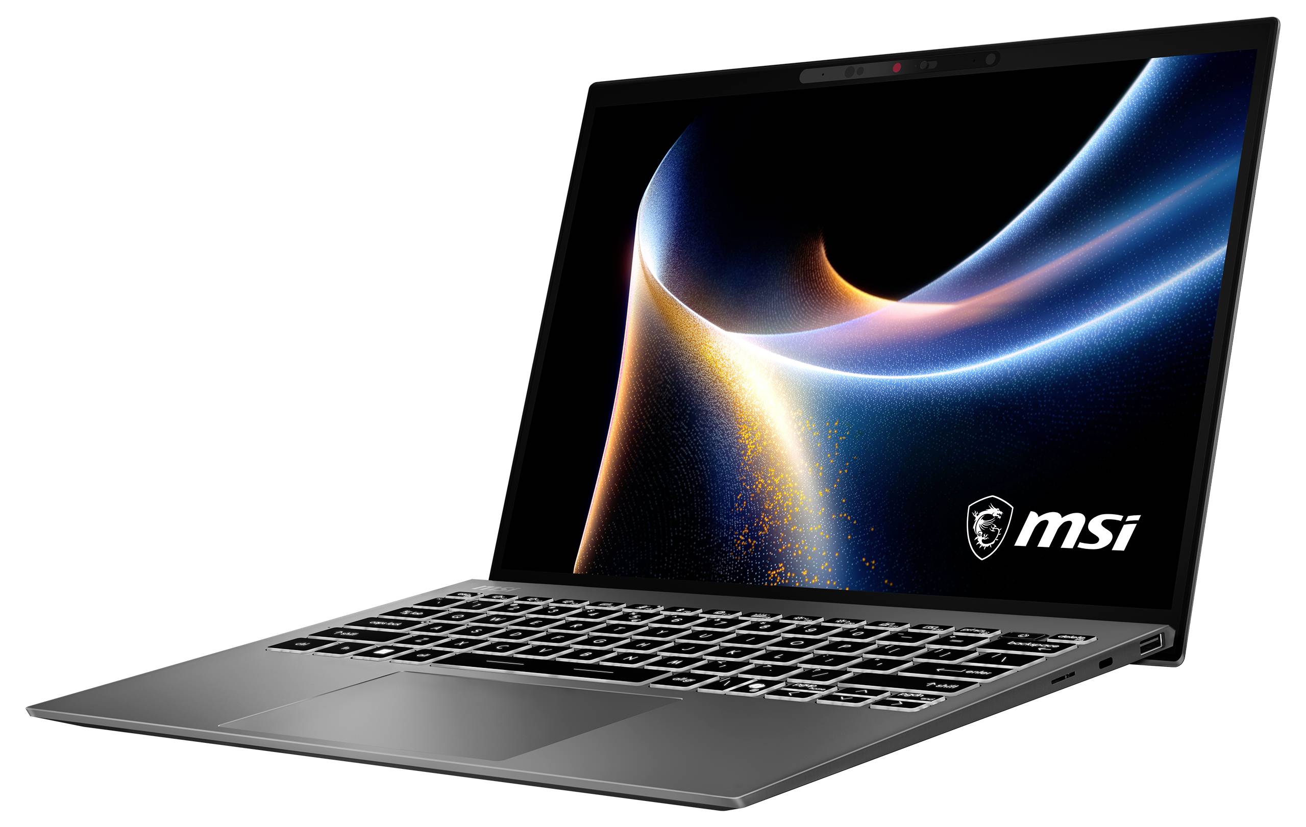 Ein Laptop mit schlankem Design, das einen animierten Bildschirm mit dynamischen blauen und orangefarbenen Wellengrafiken zeigt. Das MSI-Logo ist auf dem Bildschirm sichtbar.