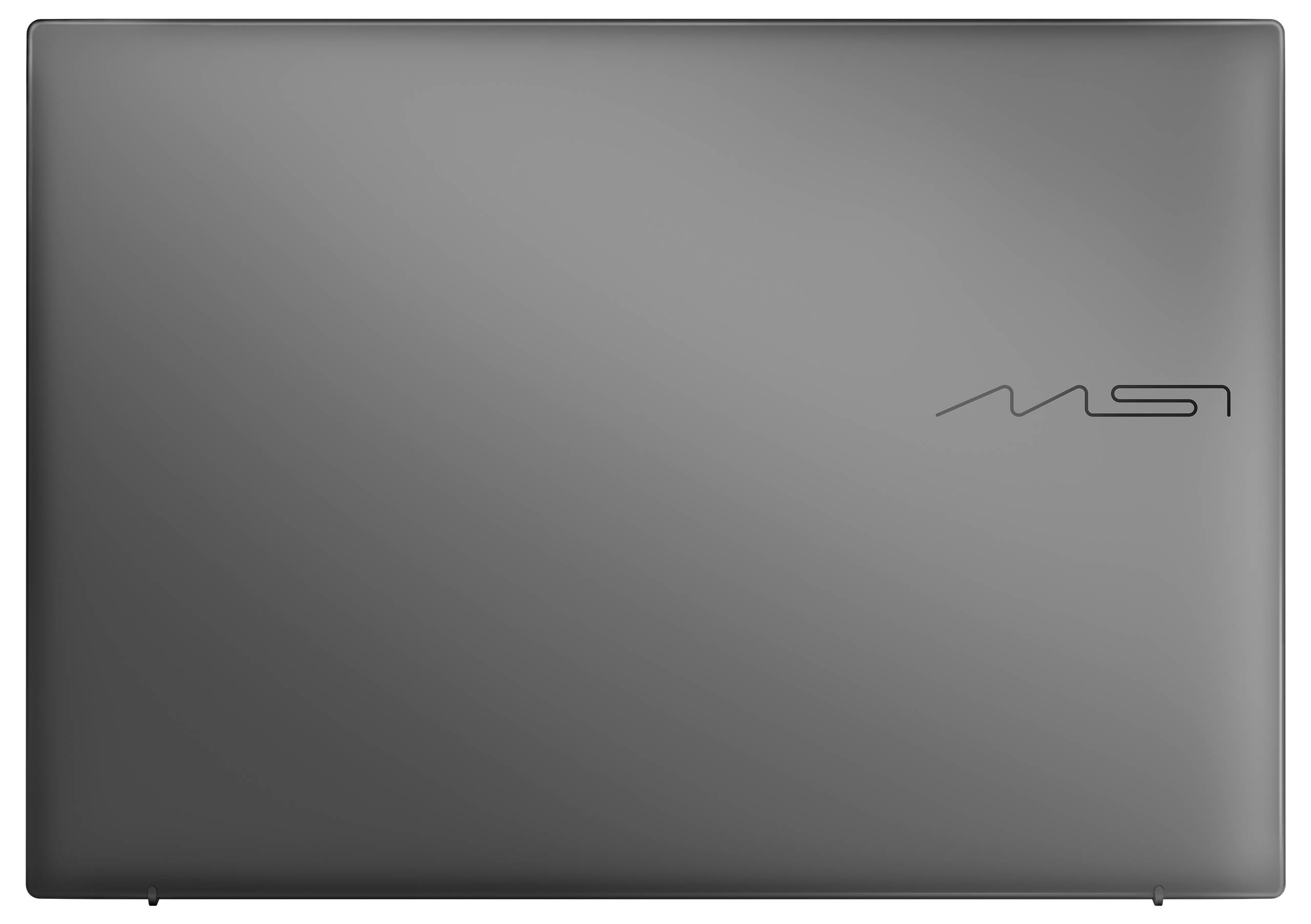 Ein geschlossener Laptop mit metallischer Oberfläche und minimalistischem Design, mit dem "msi"-Logo auf dem Deckel.