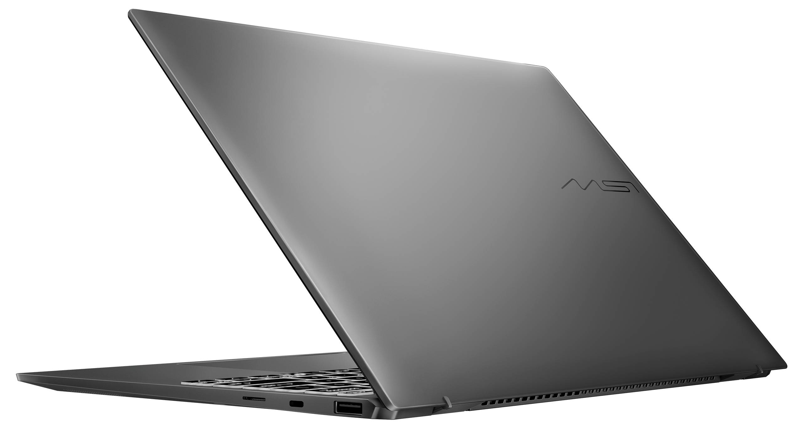 Ein schlanker, offener schwarzer Laptop aus der Seitenperspektive, der sein dünnes Design und die minimalistische Ästhetik mit einem subtilen Logo auf der Rückseite zur Schau stellt.