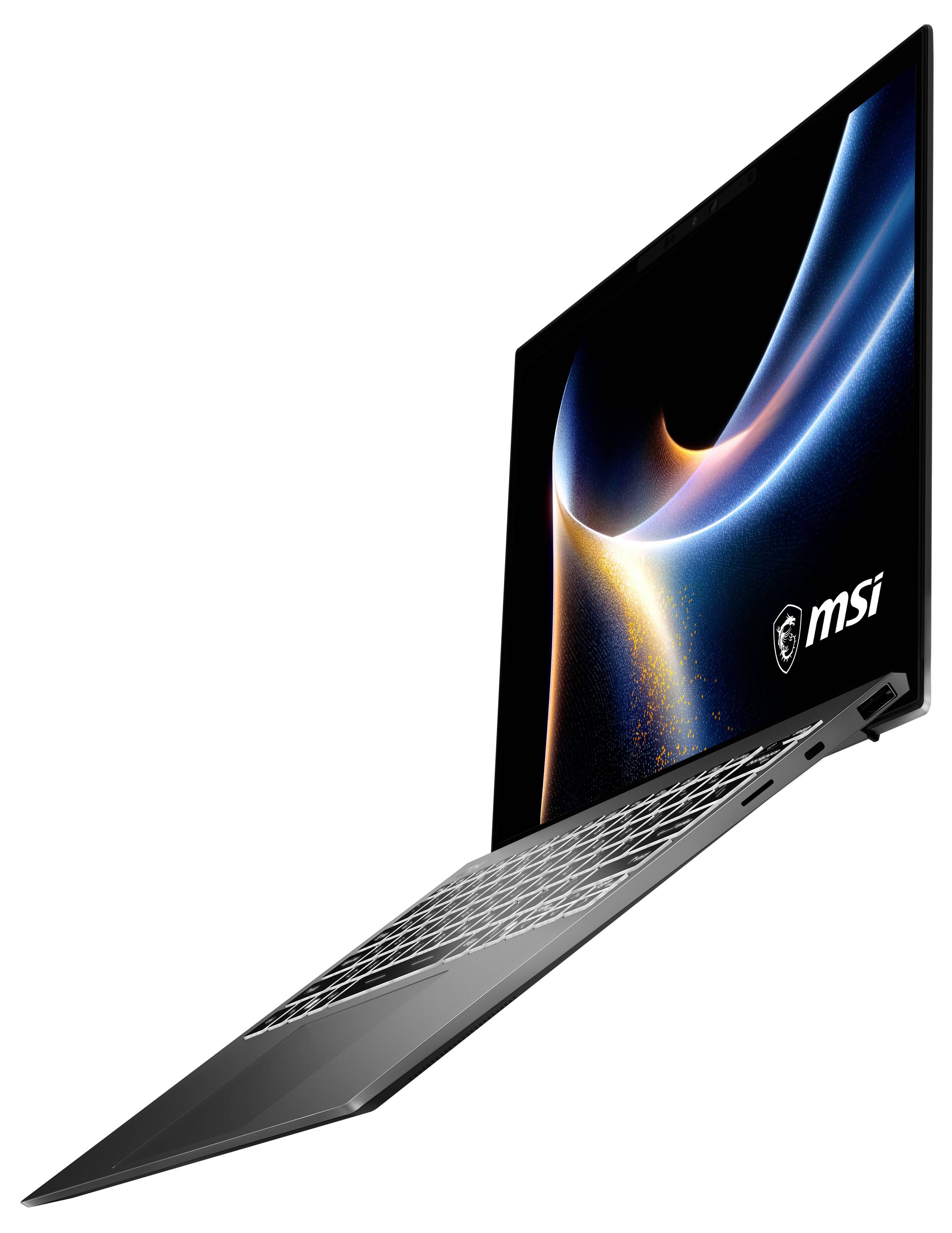 Ein eleganter Laptop mit leuchtendem Bildschirm, auf dem ein abstraktes, farbenfrohhes digitales Design angezeigt wird; das Markenlogo „MSI" ist unten rechts sichtbar.