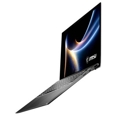 Ein eleganter Laptop mit leuchtendem Bildschirm, auf dem ein abstraktes, farbenfrohhes digitales Design angezeigt wird; das Markenlogo „MSI" ist unten rechts sichtbar.