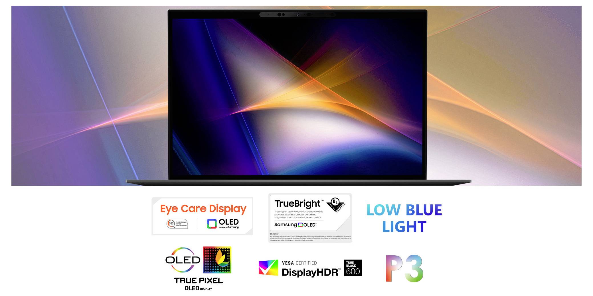 Laptop mit leuchtendem Bildschirm, der abstrakte Farben anzeigt. Beschriftungen heben die Funktionen „Eye Care Display", „TrueBright", „OLED" und „Low Blue Light" hervor.