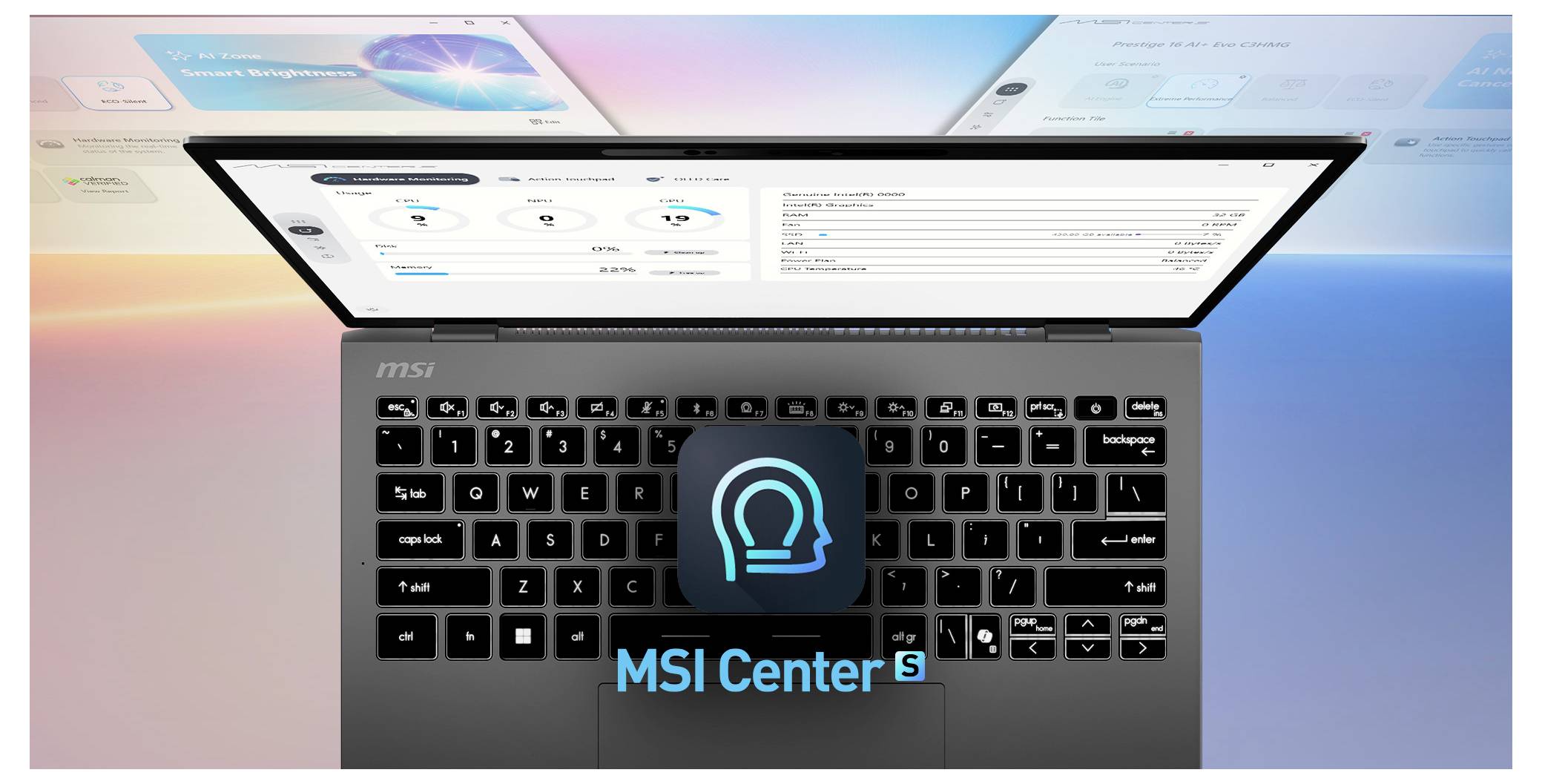 'MSI Center' Softwareschnittstelle auf einem Laptop-Bildschirm mit Performance-Monitoring-Tools und Systeminformationen vor einem Farbverlaufshintergrund.
