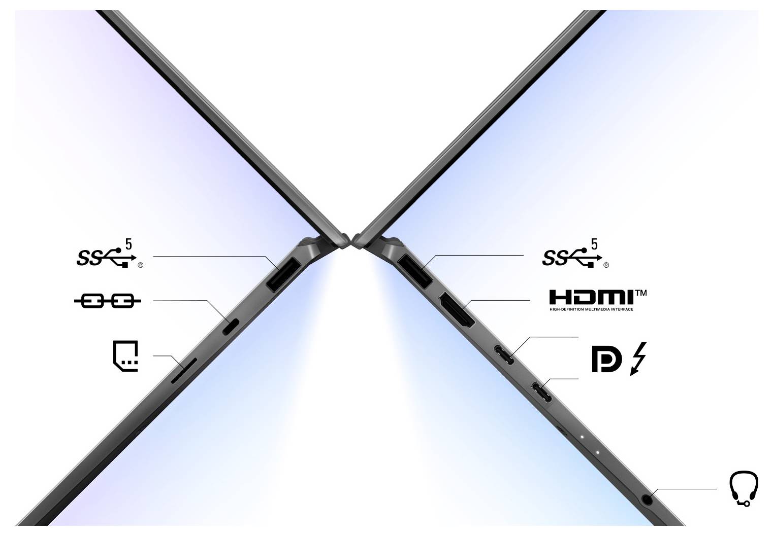 'Zwei Laptops Rücken an Rücken, die Anschlüsse zeigen: USB, HDMI, DisplayPort, USB-C und Kopfhörerbuchse, was Konnektivitätsoptionen anzeigt.'