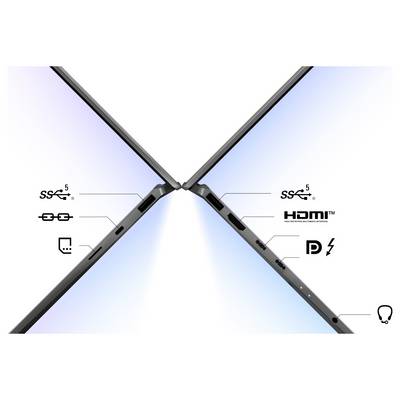 'Zwei Laptops Rücken an Rücken, die Anschlüsse zeigen: USB, HDMI, DisplayPort, USB-C und Kopfhörerbuchse, was Konnektivitätsoptionen anzeigt.'