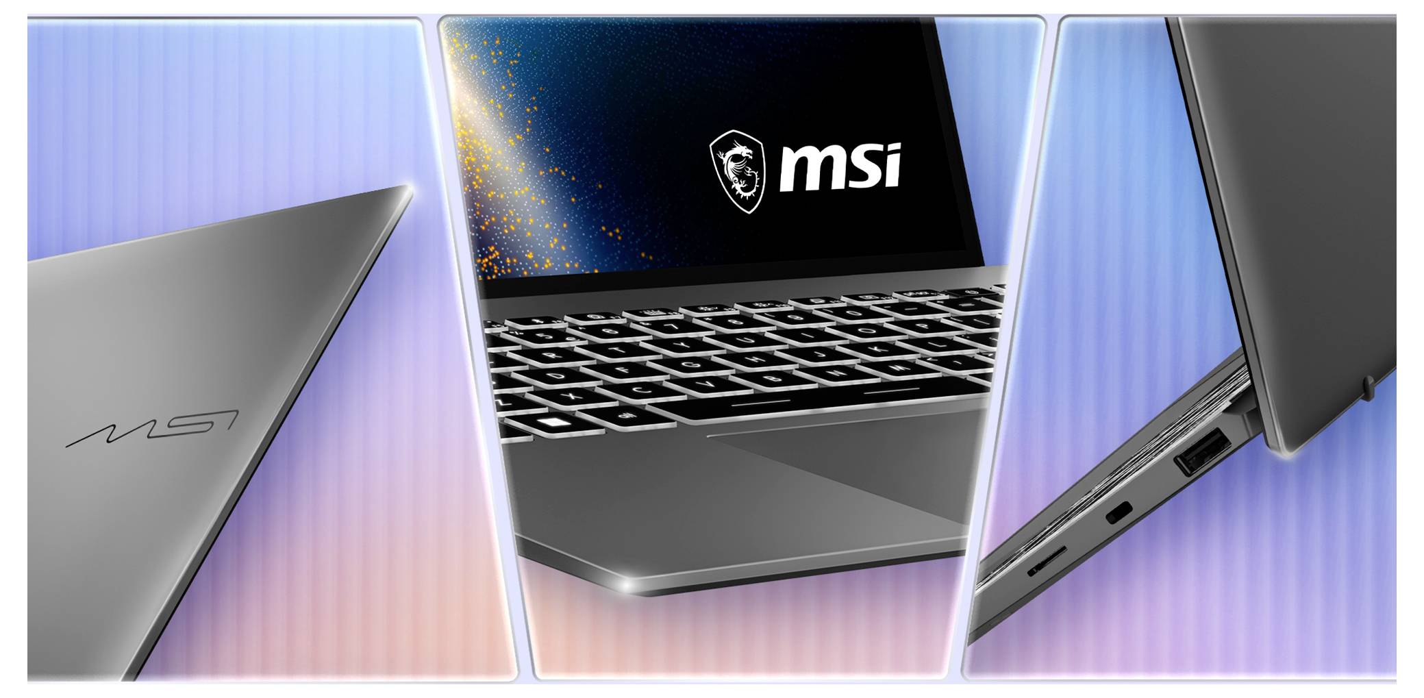 Drei Bilder eines Laptops, die verschiedene Blickwinkel zeigen: das Logo auf dem Deckel, die Tastatur mit ausgeschaltetem Bildschirm und die Seitenports.