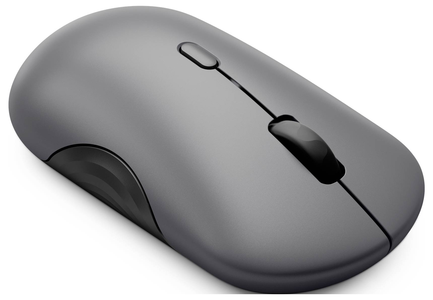 Eine elegante, kabellose Computermaus mit schwarzer Oberfläche. Zu den Funktionen gehören ein Scrollrad und zwei Tasten.