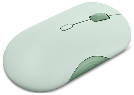 Eine schlanke, mintgrüne kabellose Computermaus mit glatter Oberfläche, die zwei Tasten und ein Scrollrad aufweist.