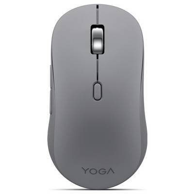 Eine schlanke, graue kabellose Computermaus mit dem Wort „YOGA" am Boden graviert. Die Ausstattung umfasst ein Scrollrad und eine Taste.