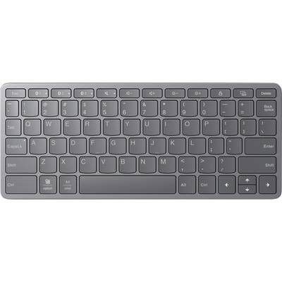 Eine dunkelgraue, kompakte Tastatur mit beschrifteten Tasten einschließlich "Esc", "Shift", "Enter" und Pfeiltasten, entwickelt für effizientes Tippen.