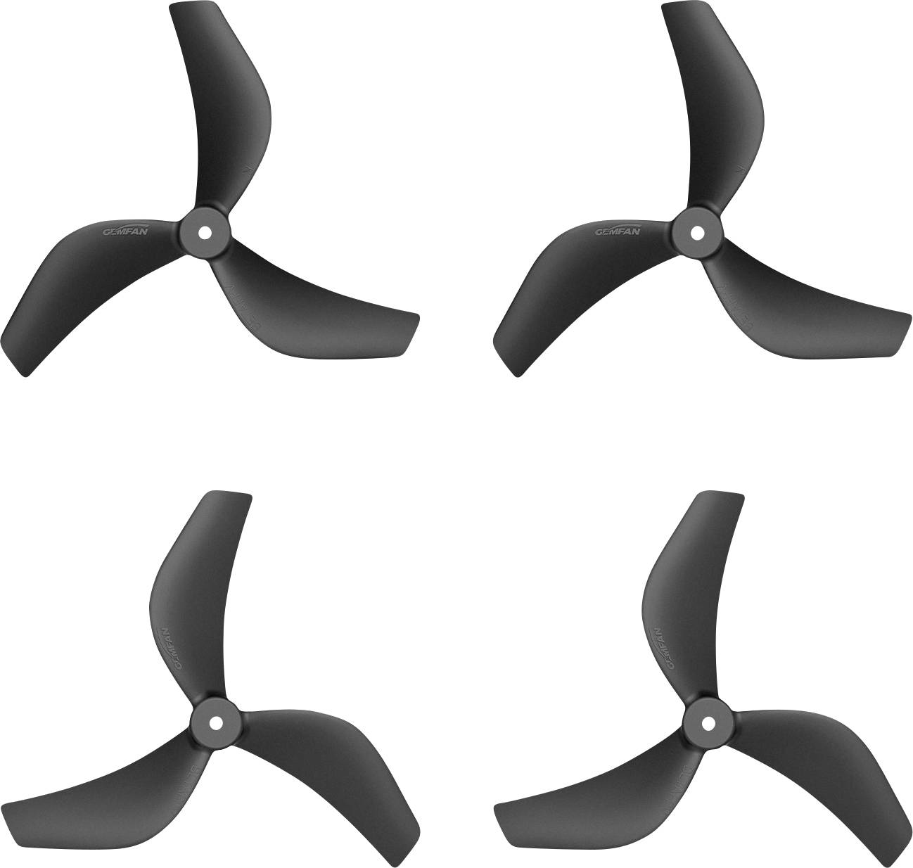 Vier schwarze dreiblättrige Propeller in einem 2x2-Gitter auf weißem Hintergrund angeordnet.