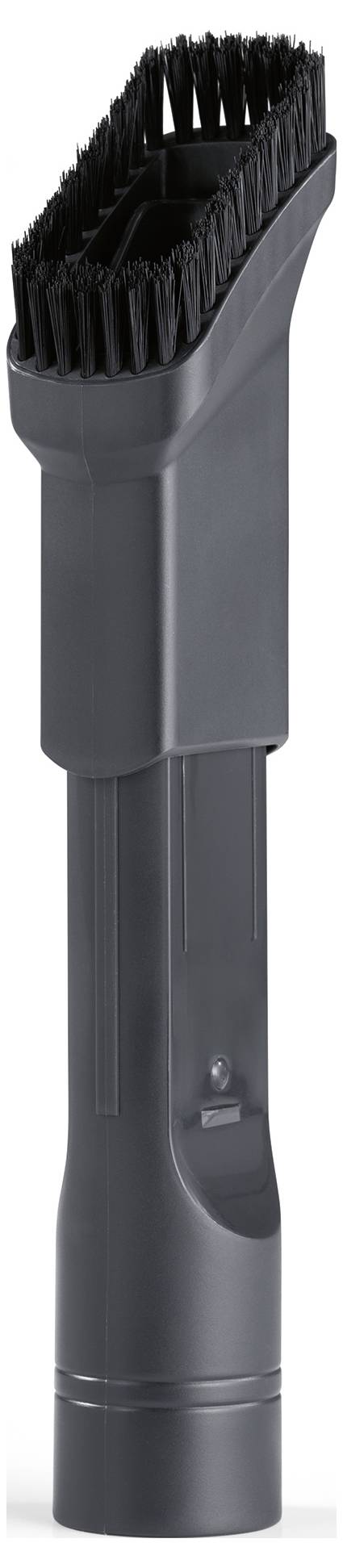 Ein grauer Staubsaugerzubehörteil mit Borsten, das zum Reinigen verschiedener Oberflächen konzipiert ist.