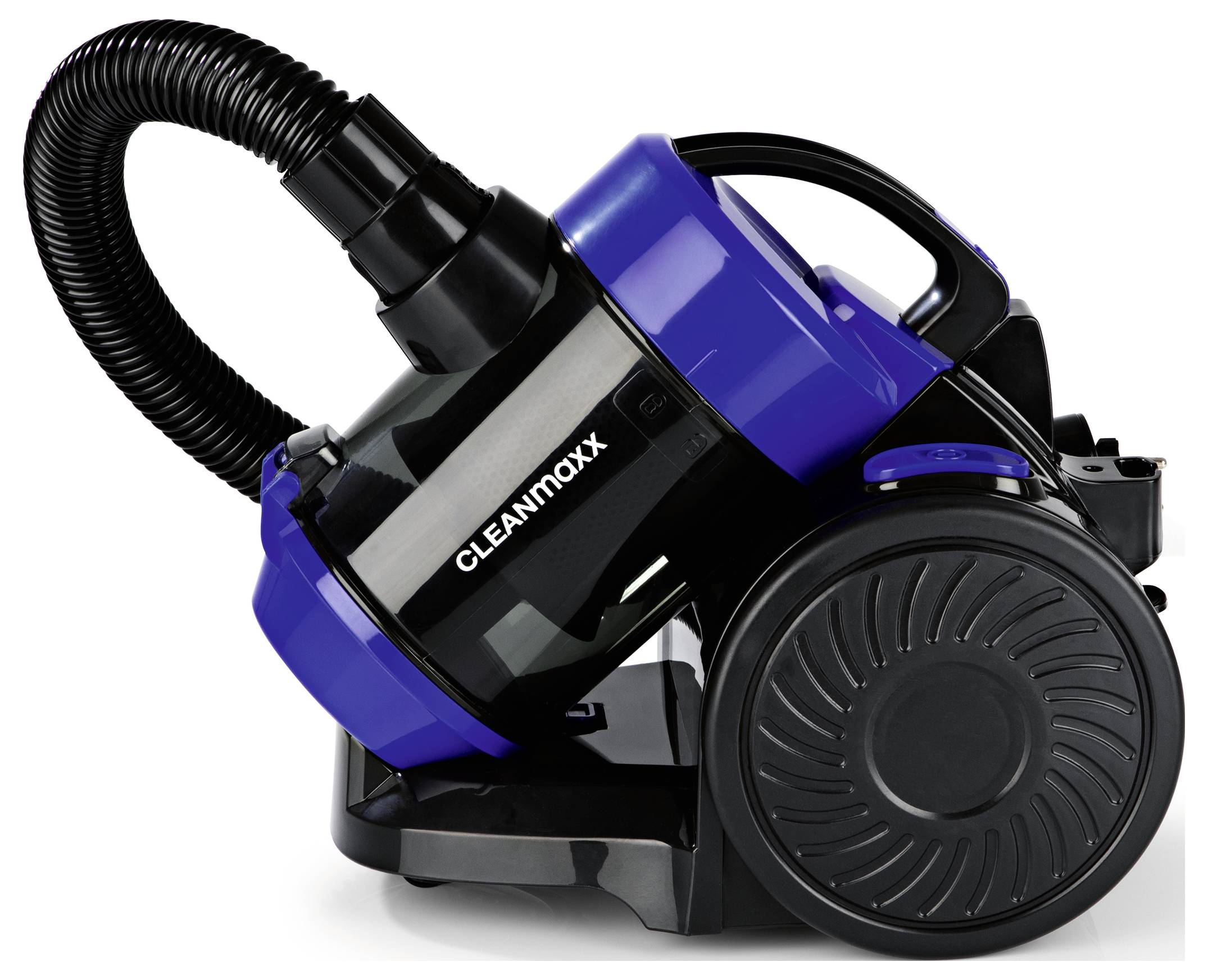 Ein blauer und schwarzer Staubsauger mit der Bezeichnung "CLEANmaxx", ausgestattet mit einem großen Rad und einem flexiblen Schlauch.