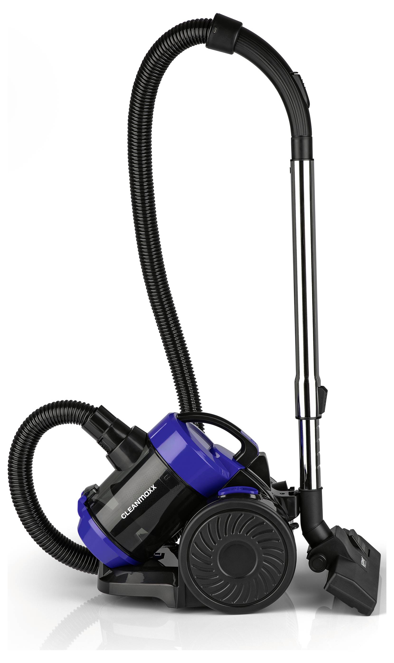 Ein blau und schwarz gefärbtes Behälter-Staubsaugermodell mit flexiblem Schlauch und fahrbarem Untergestell, konzipiert für Haushaltsreinigungsaufgaben. Keine sichtbaren Markenluftkörper.