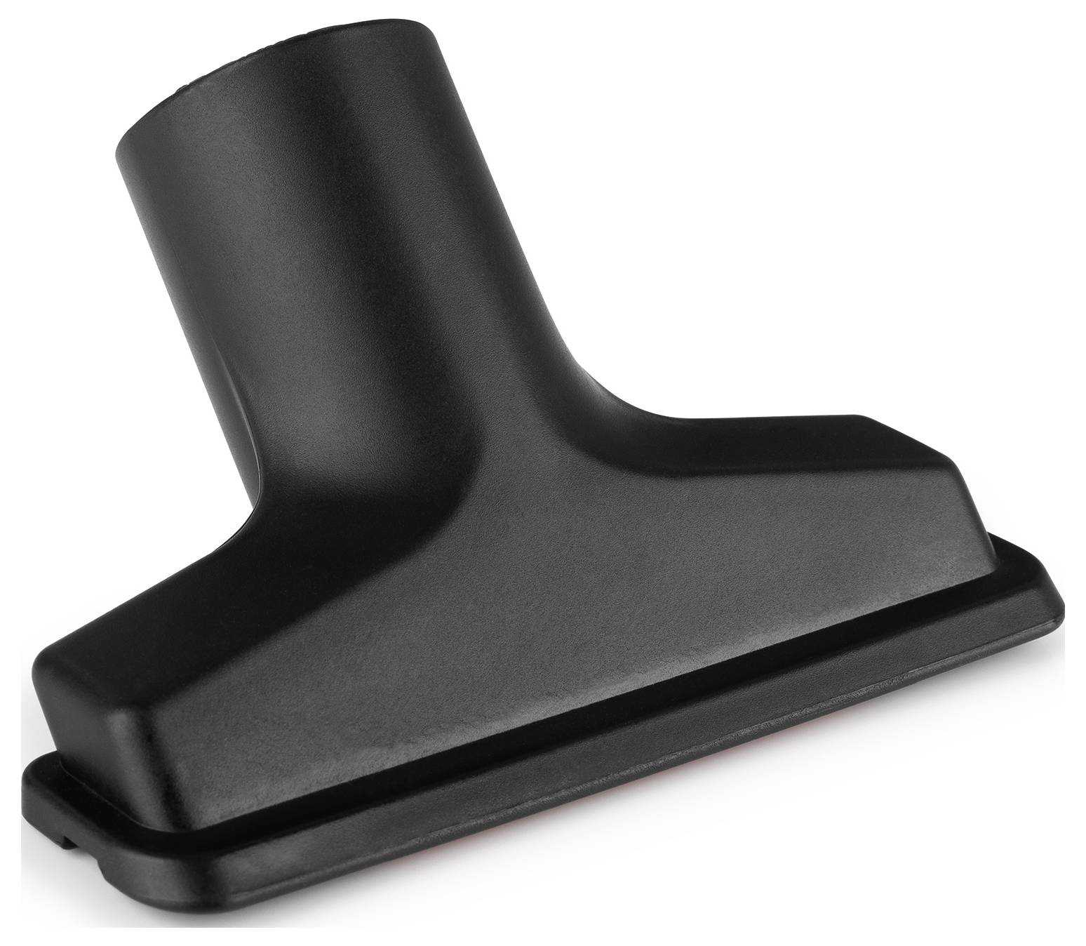 Ein schwarzer Staubsaugeransatz mit einer flachen, breiten Düse, entwickelt zum Reinigen von Polstermöbeln.