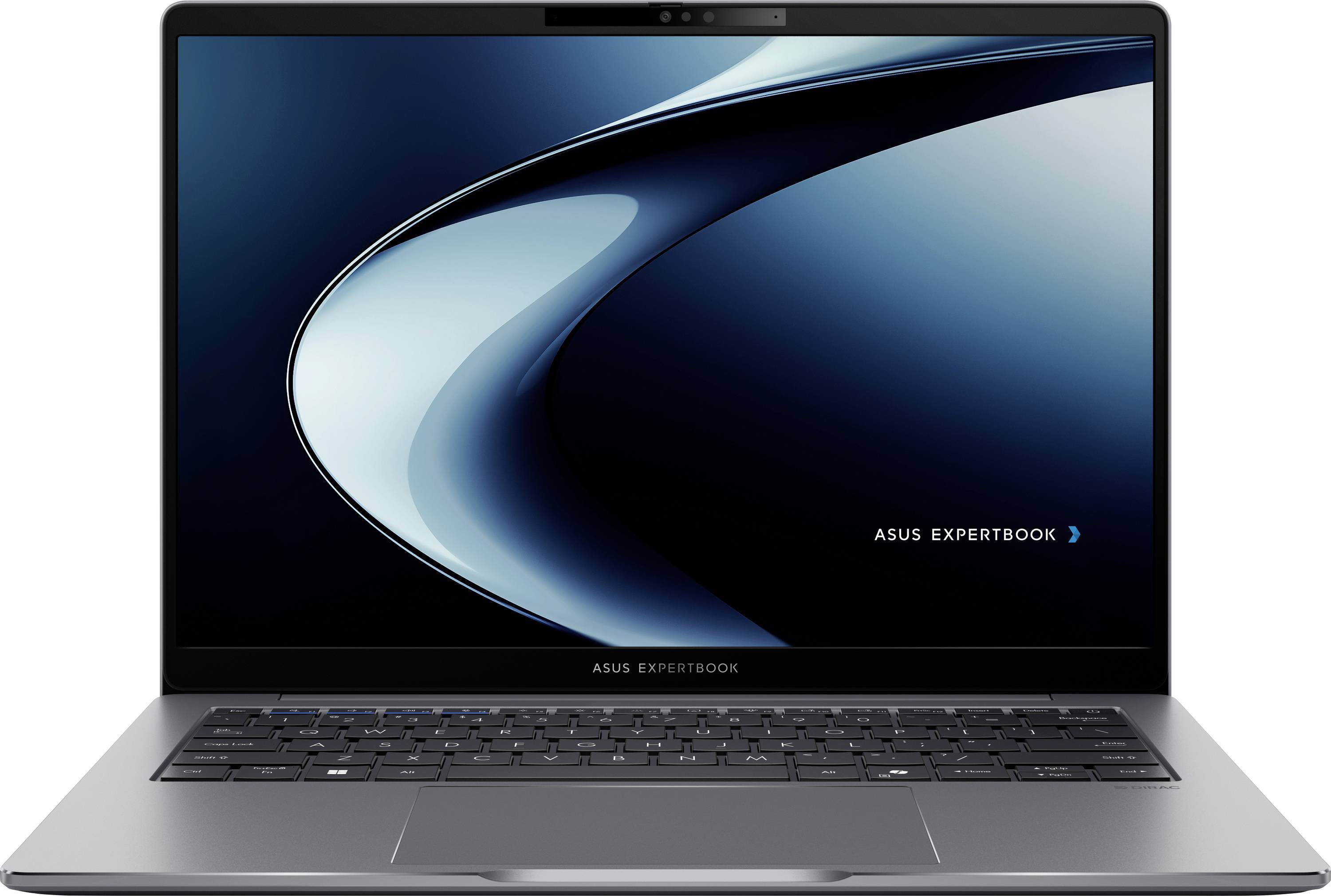 Ein grauer Laptop mit schlankem Design, aufgeklappt gezeigt, mit einem Bildschirmschoner auf dunklem, abstraktem Hintergrund, auf dem der Text „Asus ExpertBook" angezeigt wird.