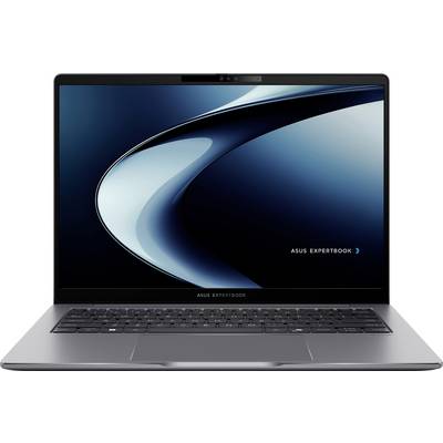 Ein grauer Laptop mit schlankem Design, aufgeklappt gezeigt, mit einem Bildschirmschoner auf dunklem, abstraktem Hintergrund, auf dem der Text „Asus ExpertBook" angezeigt wird.