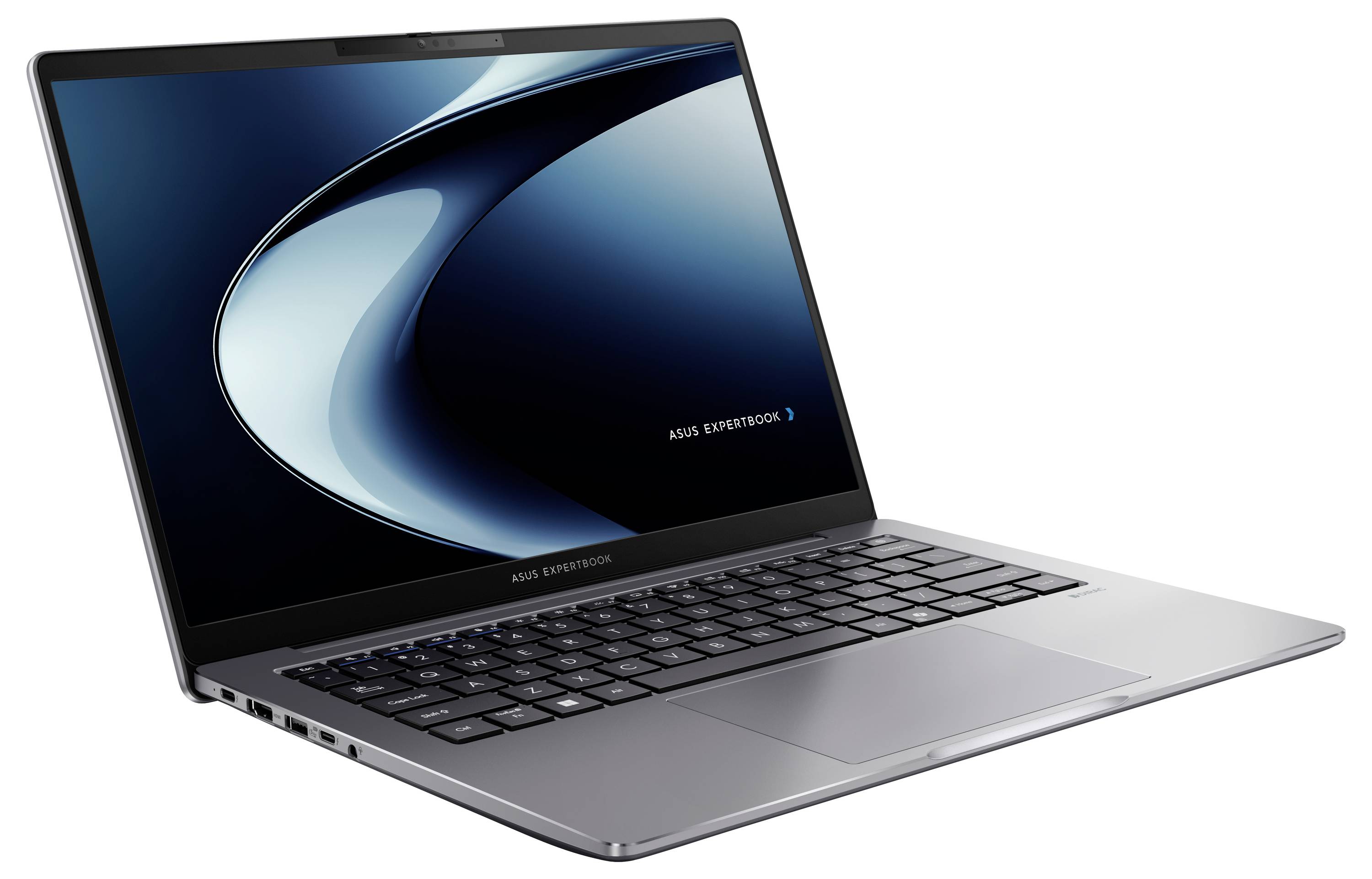 Laptop mit offenenem Deckel, der ein modernes Design zeigt, mit elegantem Bildschirm und Tastatur, im Winkel positioniert für Sichtbarkeit von der Seite.