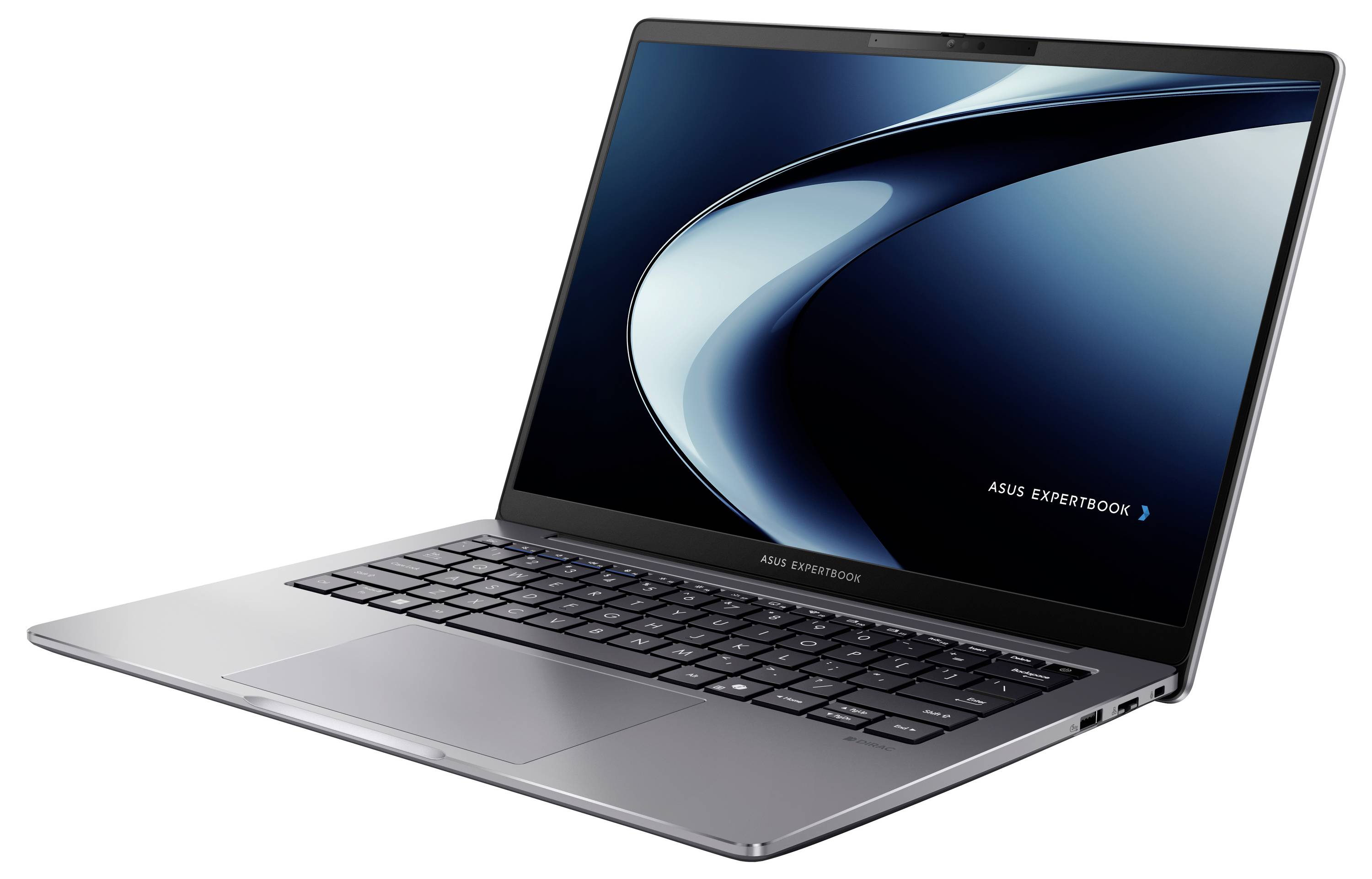 Ein eleganter, grauer Laptop mit "ASUS ExpertBook" auf dem Bildschirm, geöffnet und leicht nach links geneigt, mit modernem Design und Tastatur.
