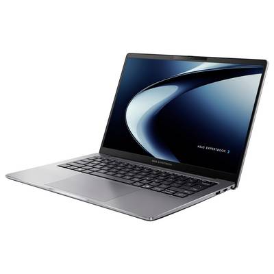 Ein eleganter, grauer Laptop mit "ASUS ExpertBook" auf dem Bildschirm, geöffnet und leicht nach links geneigt, mit modernem Design und Tastatur.