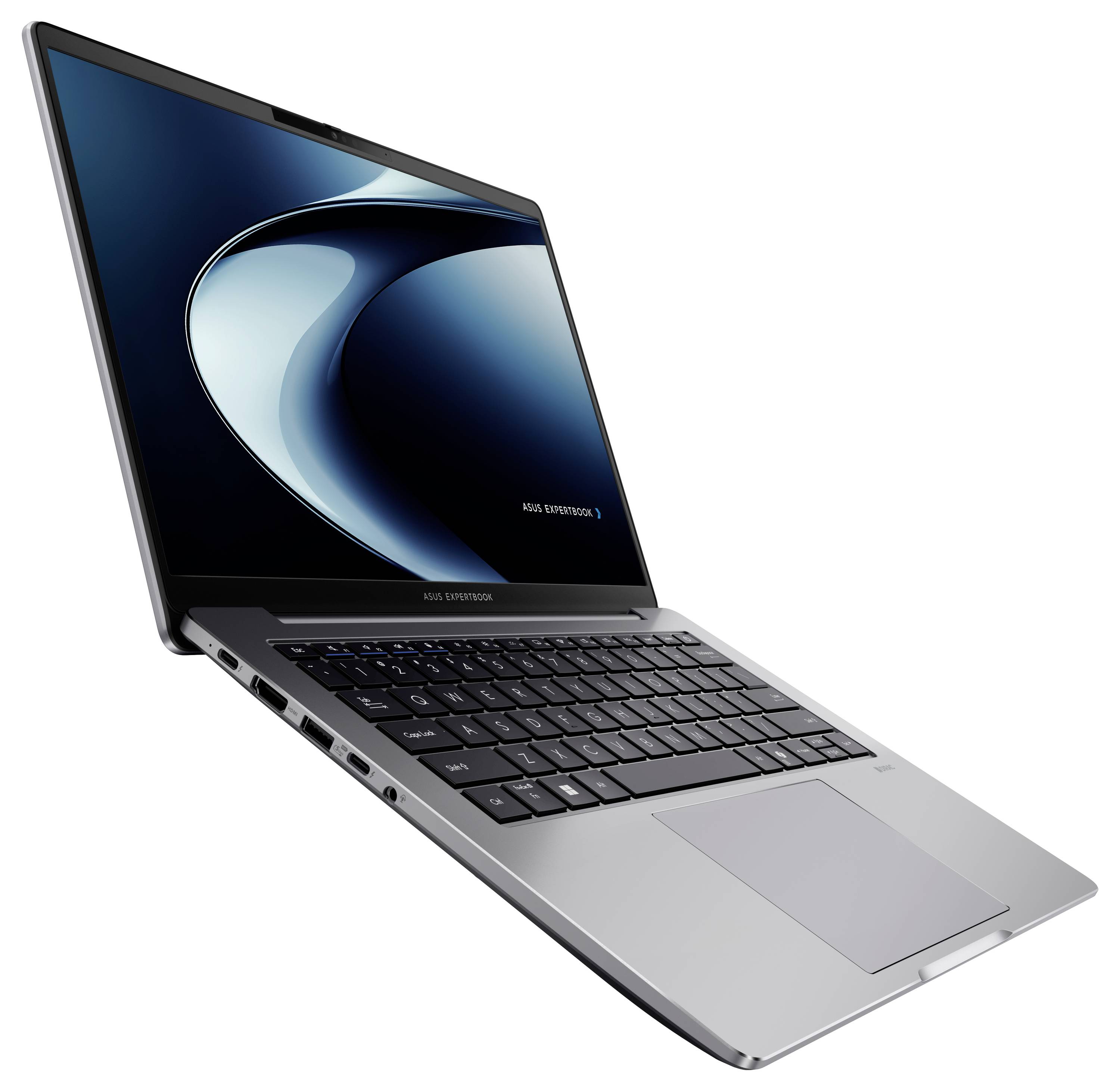 Ein silberner Laptop mit einer schwarzen Tastatur ist geöffnet und zeigt einen dunkelblau gefärbten Bildschirm mit dem Text "ASUS ExpertBook" in der unteren Ecke an.