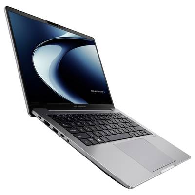 Ein silberner Laptop mit einer schwarzen Tastatur ist geöffnet und zeigt einen dunkelblau gefärbten Bildschirm mit dem Text "ASUS ExpertBook" in der unteren Ecke an.