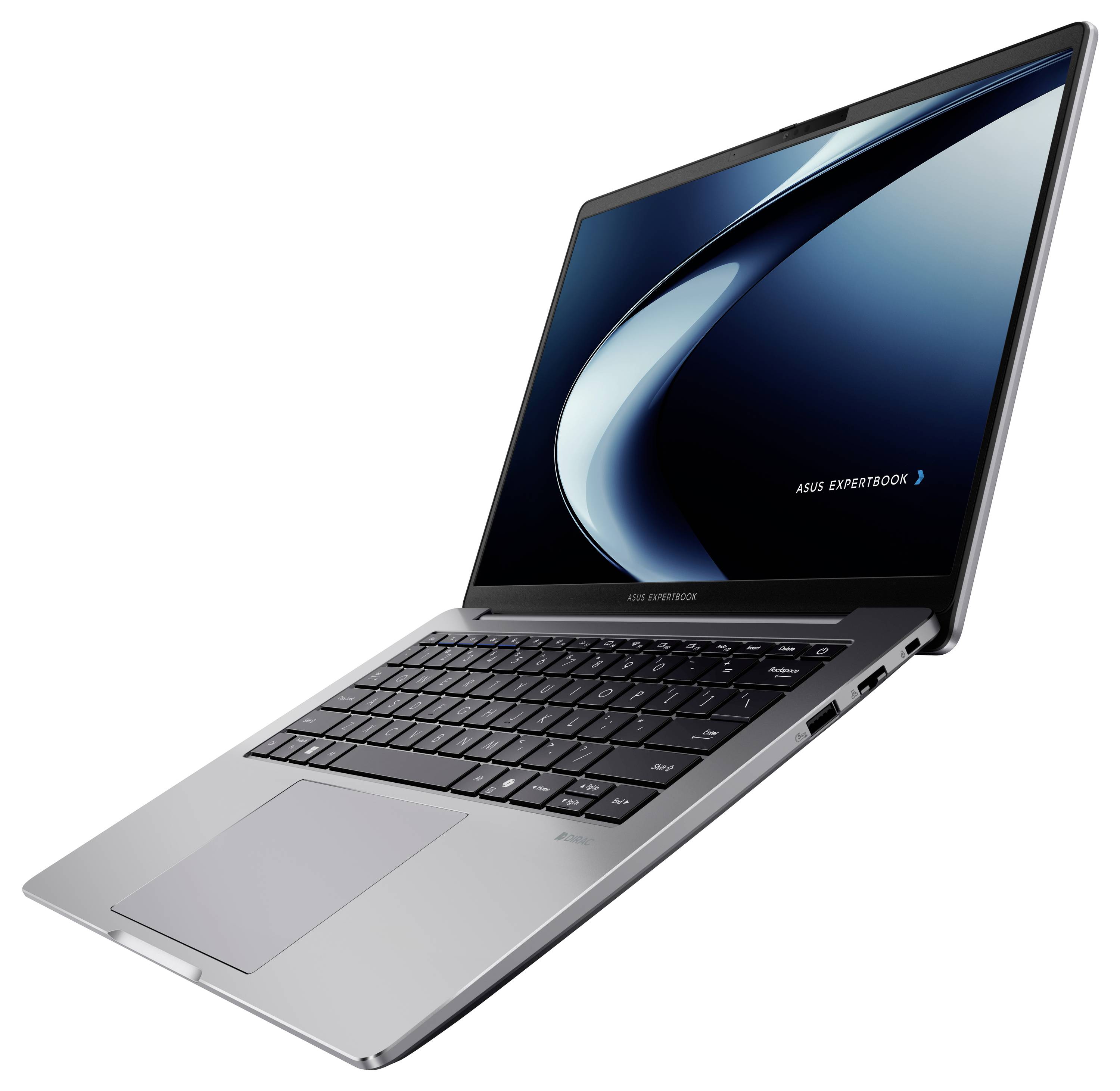 Laptop geöffnet mit dem ASUS ExpertBook-Logo auf dem Bildschirm, mit schlankem Design, dünnem Profil und dunkler Tastatur.