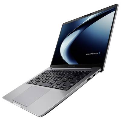 Laptop geöffnet mit dem ASUS ExpertBook-Logo auf dem Bildschirm, mit schlankem Design, dünnem Profil und dunkler Tastatur.
