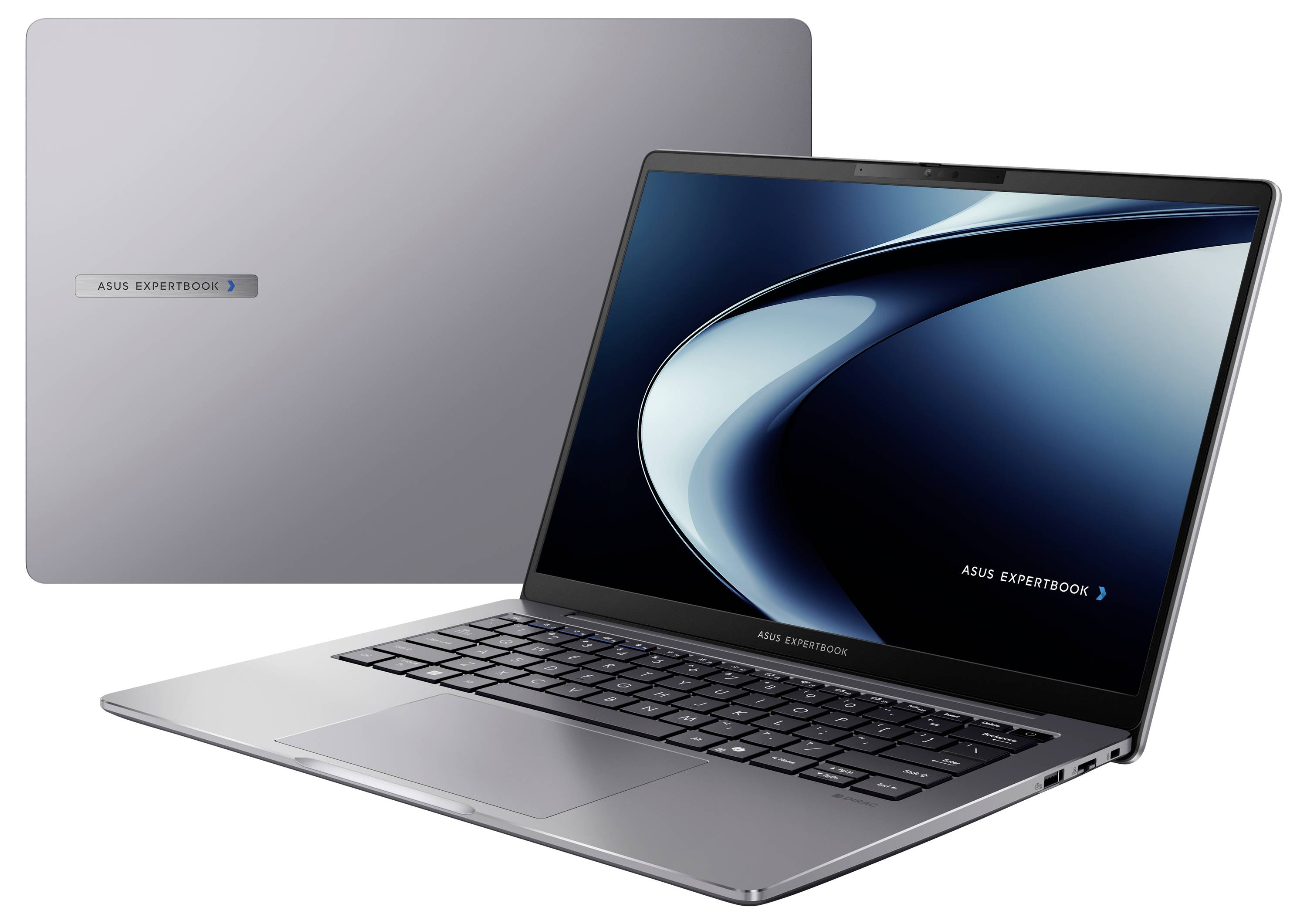 Ein silberner ASUS ExpertBook Laptop ist geöffnet und zeigt auf dem Bildschirm eine blaue abstrakte Tapete an. Das Markenlogo ist auf der Rückseite sichtbar.