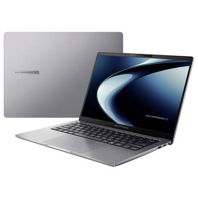 Ein silberner ASUS ExpertBook Laptop ist geöffnet und zeigt auf dem Bildschirm eine blaue abstrakte Tapete an. Das Markenlogo ist auf der Rückseite sichtbar.