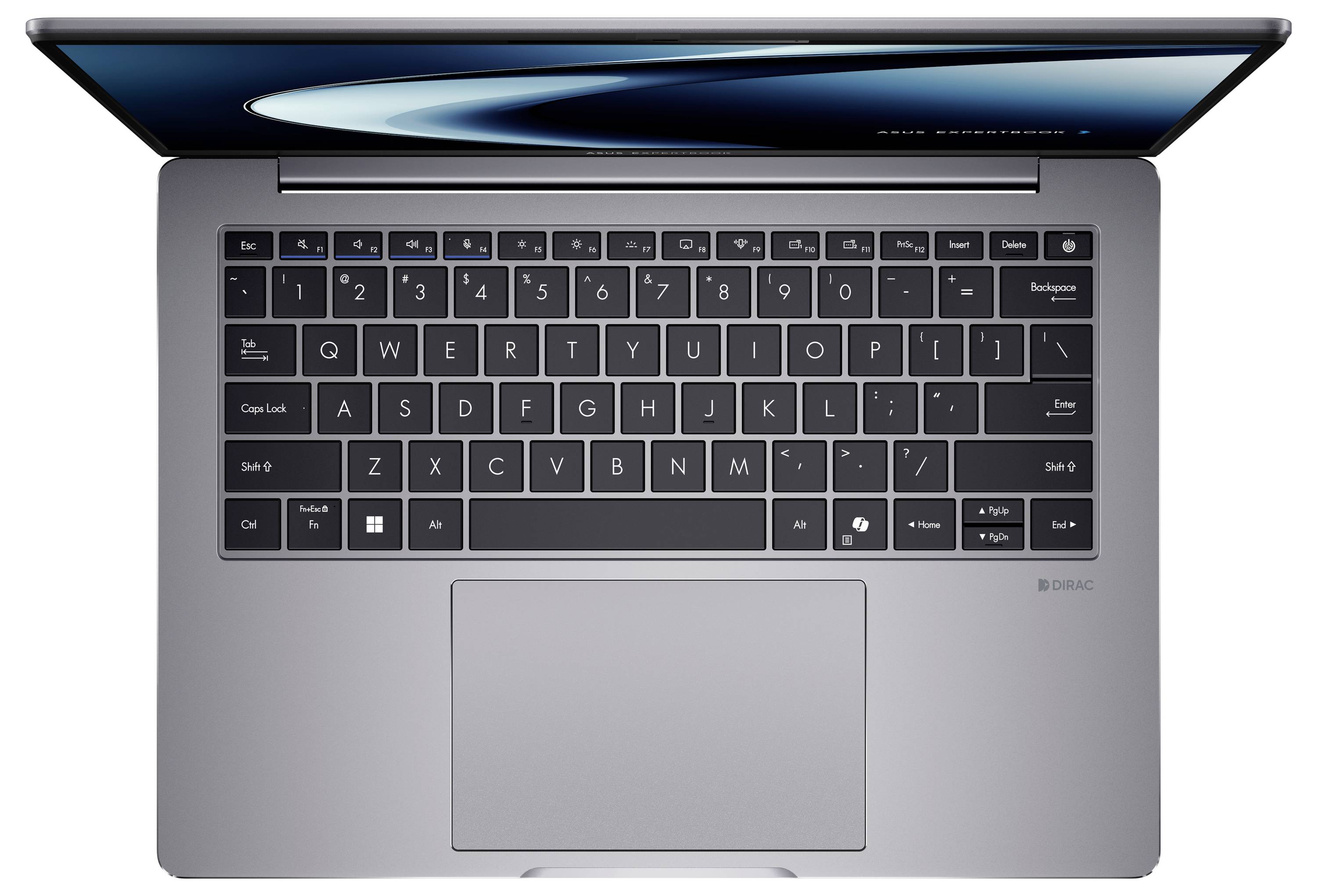 Draufsicht auf einen offenen Laptop mit grauer Tastatur und großem Trackpad. Der Bildschirm zeigt ein blaues abstraktes Design.