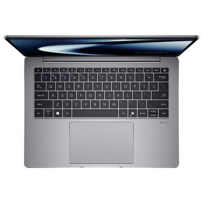 Draufsicht auf einen offenen Laptop mit grauer Tastatur und großem Trackpad. Der Bildschirm zeigt ein blaues abstraktes Design.