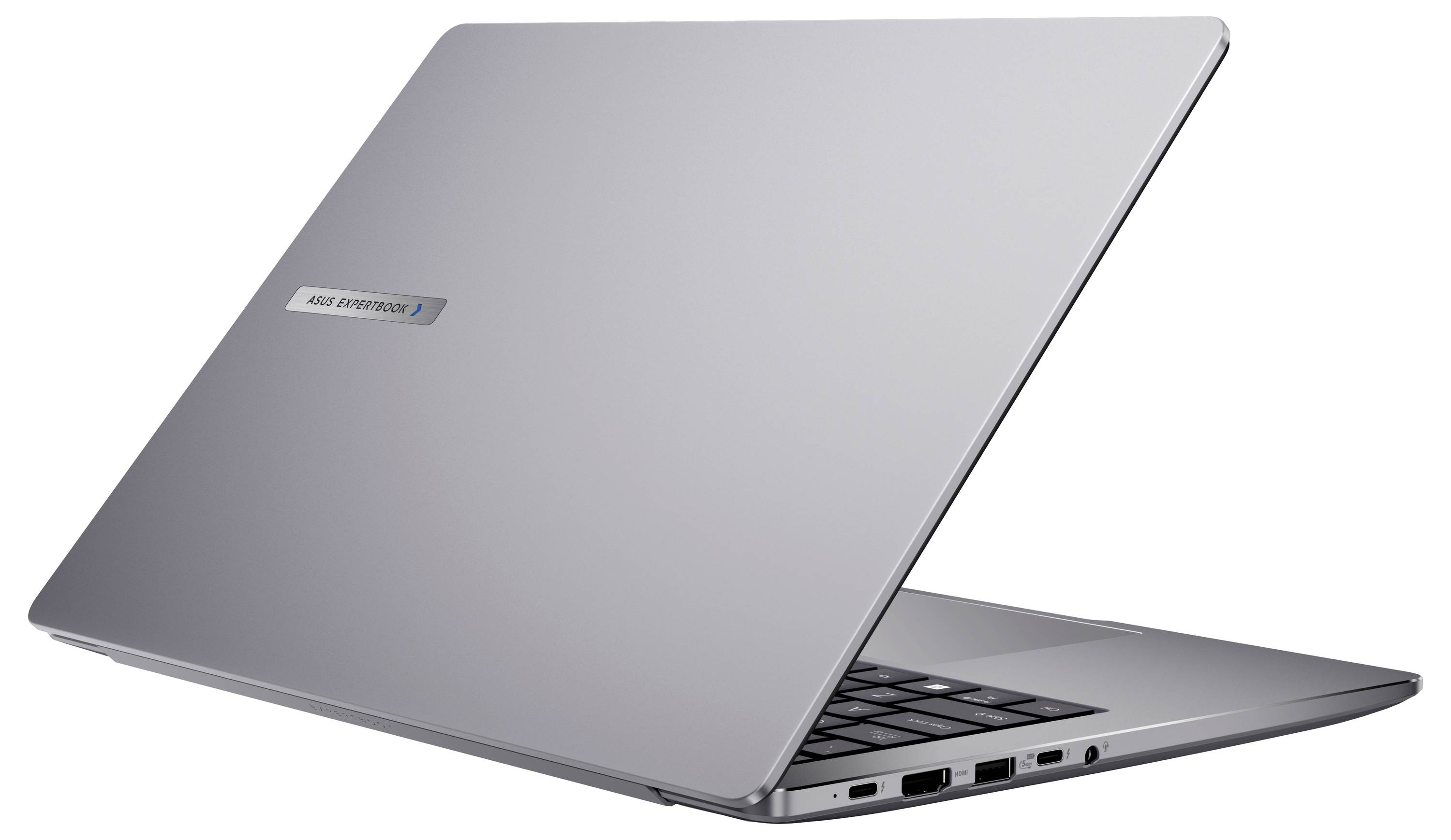 Ein silberner Laptop, teilweise geöffnet, zeigt sein schlankes Design und metallische Oberfläche mit sichtbaren Anschlüssen an der Seite.