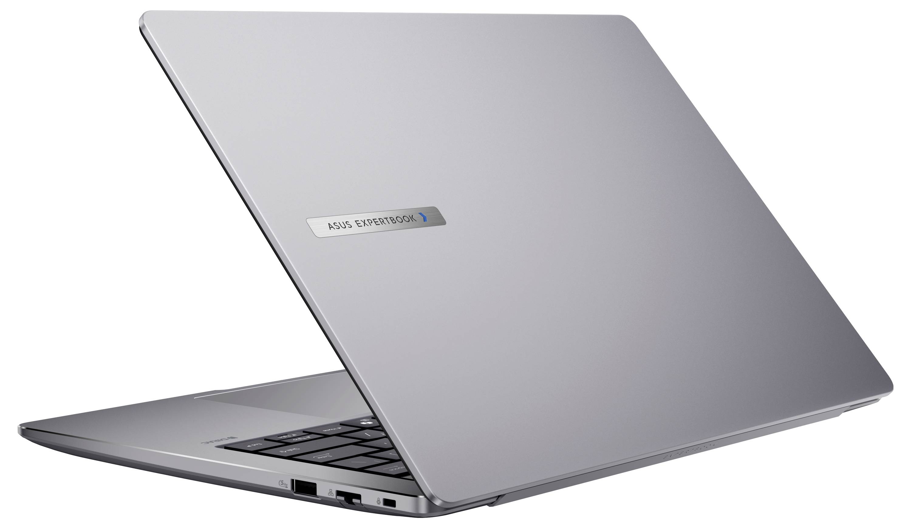 Ein elegantes, geschlossenes silbernes Laptop-Computer in schräger Position, um das Markenlogo zu zeigen. Das Design ist minimalistisch und unterstreicht sein schlankes Profil und seinen modernen Stil.