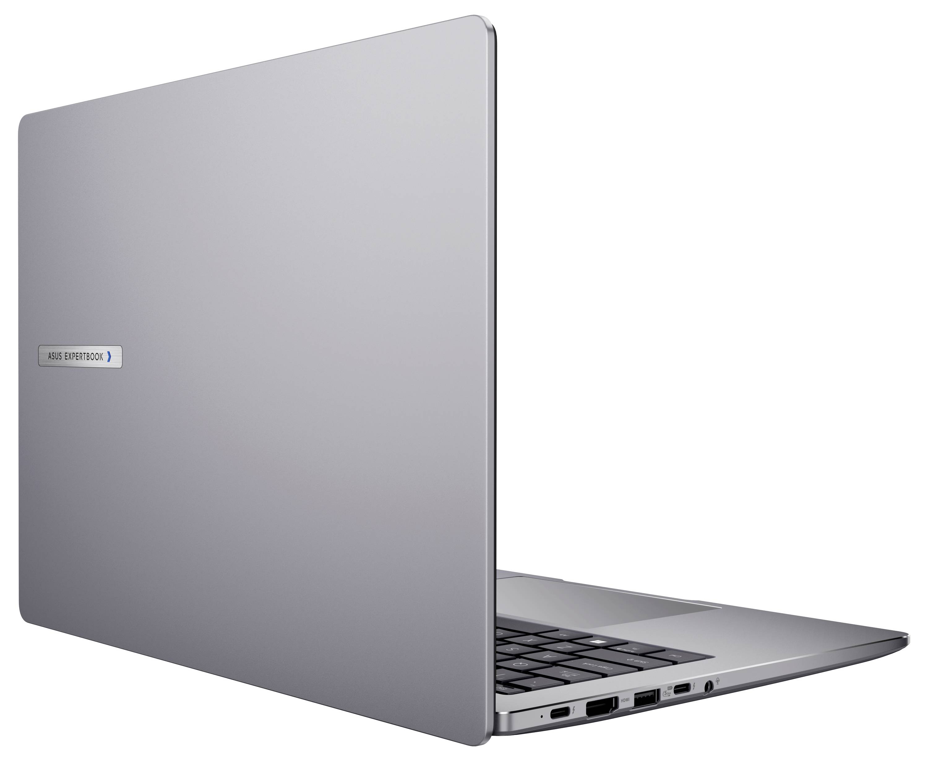 Ein silberner Laptop, teilweise geöffnet, zeigt Tastatur und Anschlussanschlüsse, mit der Aufschrift "Elite Experience" auf dem Deckel.